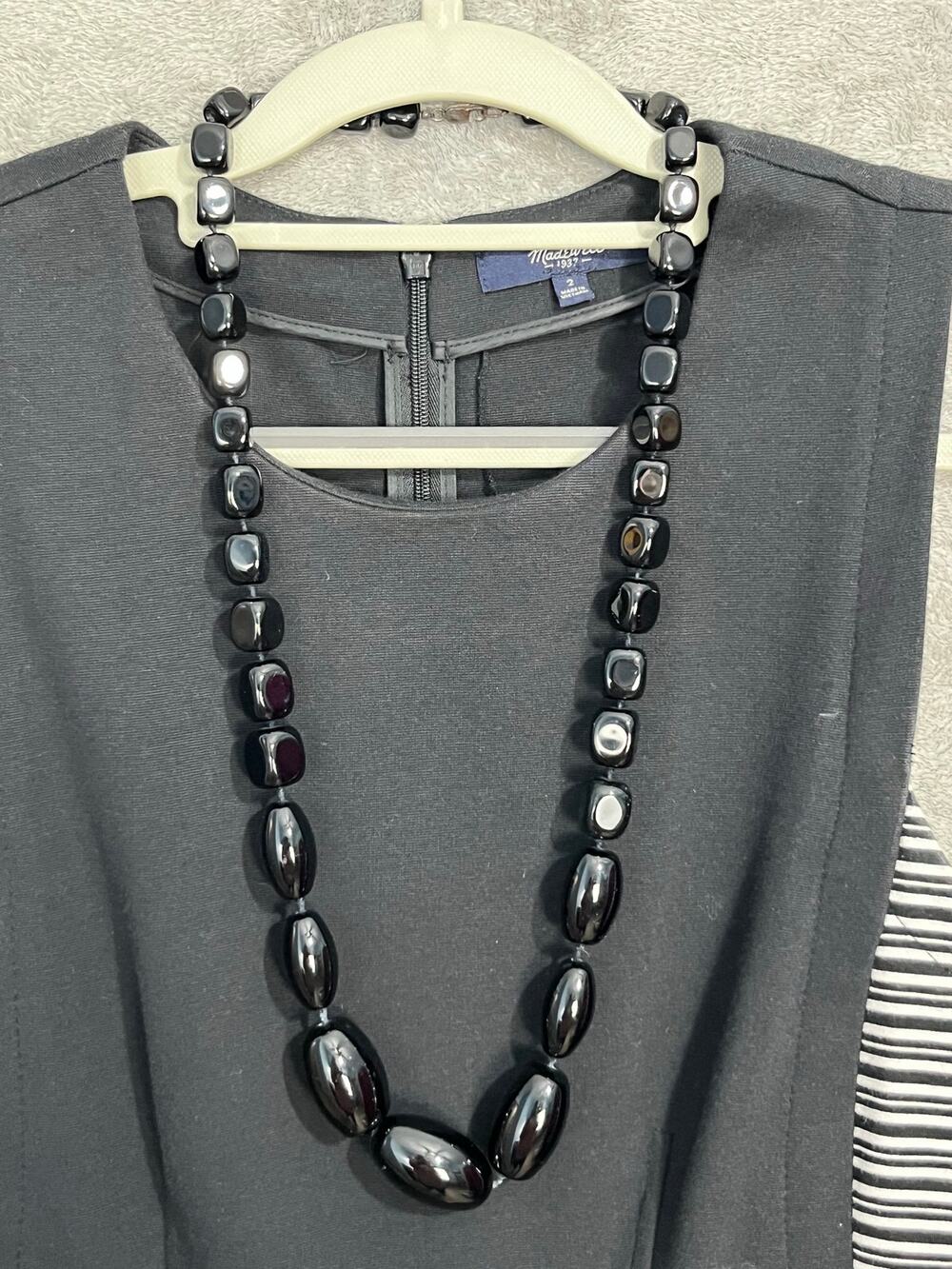 VTG Black Onyx Graduated Beaded Necklace Sterling Silver Clasp 28" Whimsigoth
